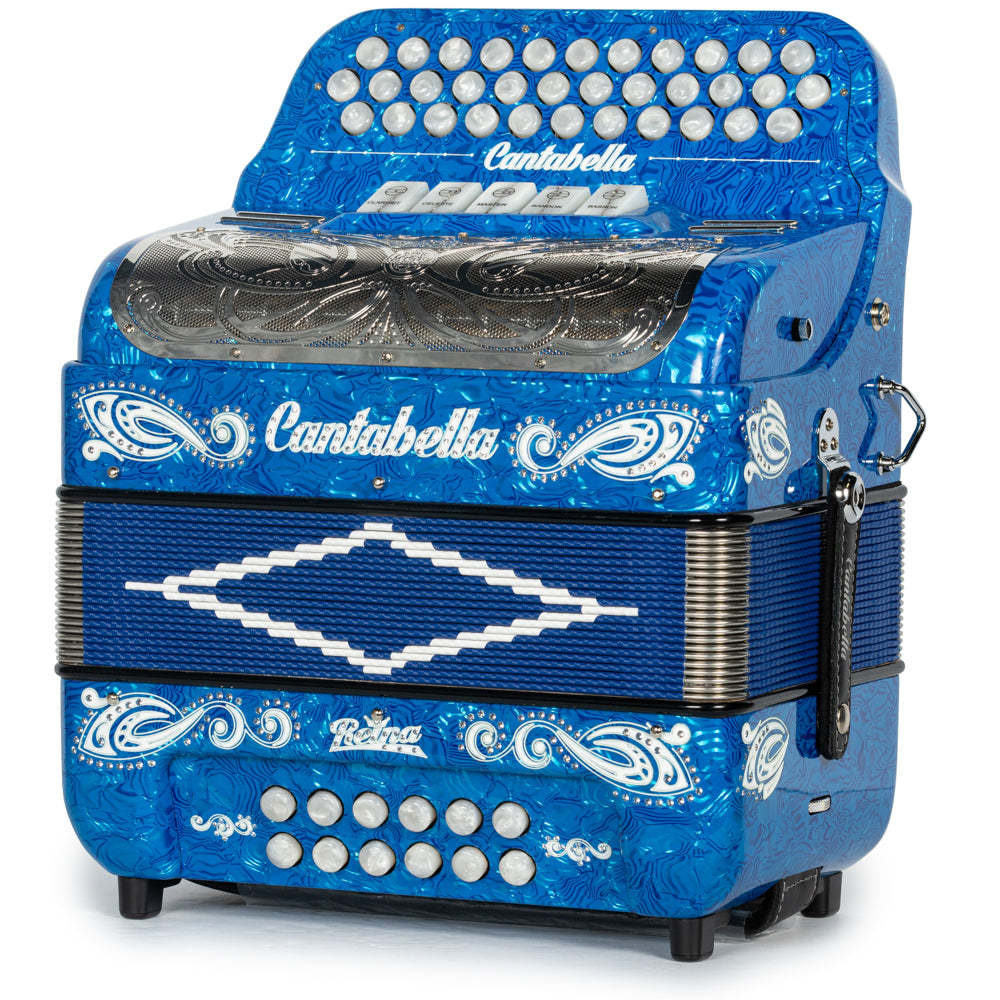 Cantabella Reina Accordion 5 Switch FBE Celluloid Blue Waves with Painted Fretboard and Blue Bellows Hermes Music
