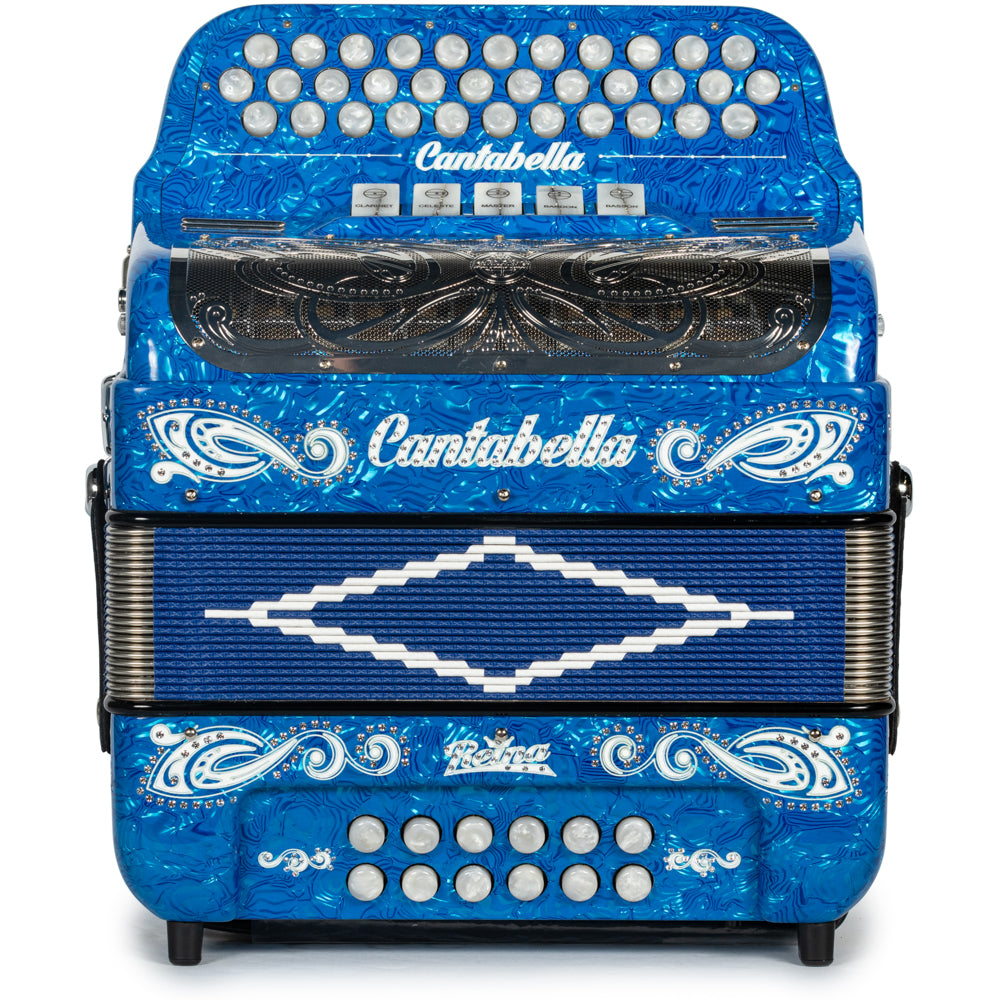 Cantabella Reina Accordion 5 Switch FBE Celluloid Blue Waves with Painted Fretboard and Blue Bellows Hermes Music