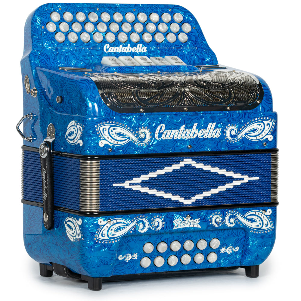 Cantabella Reina Accordion 5 Switch FBE Celluloid Blue Waves with Painted Fretboard and Blue Bellows Hermes Music