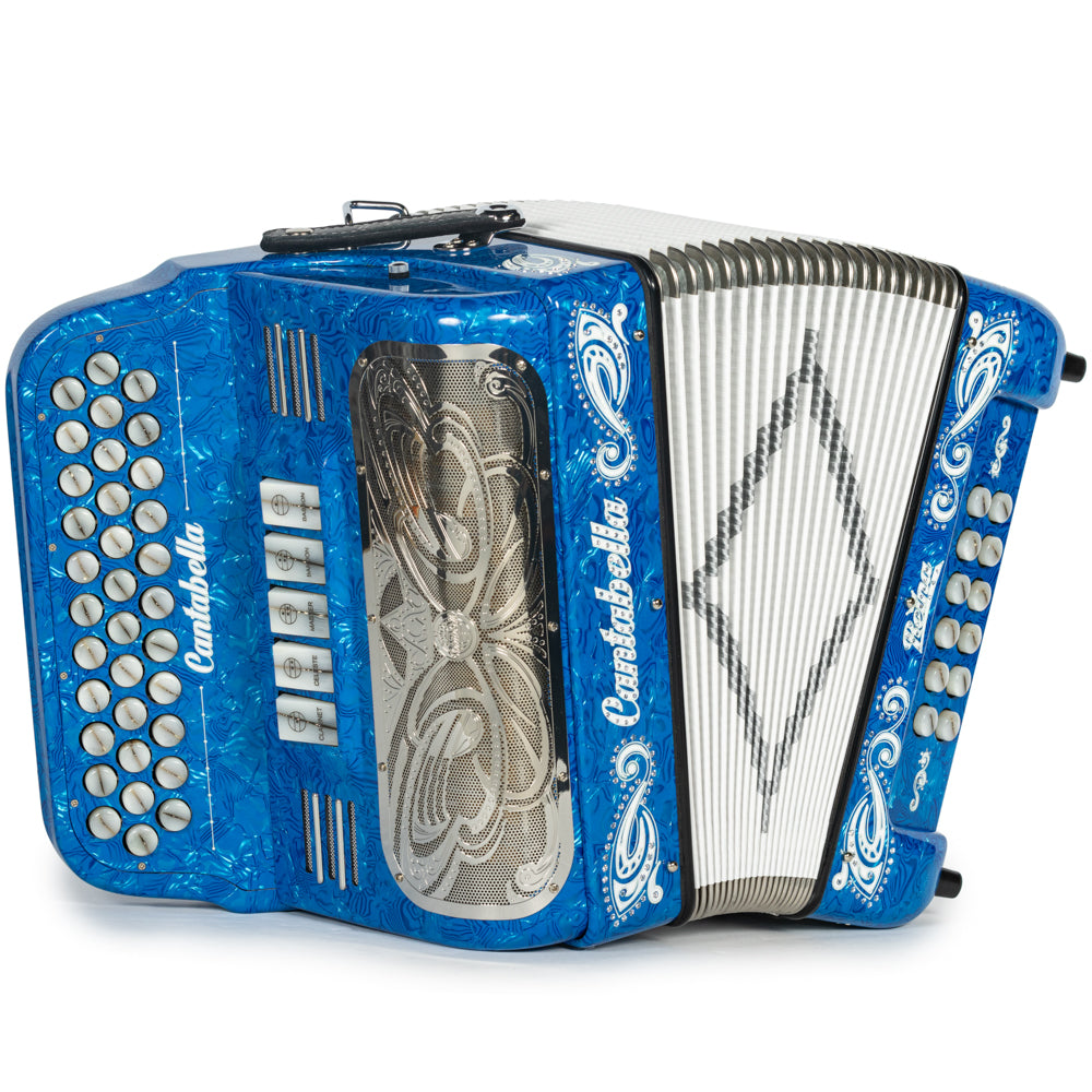 Cantabella Reina Accordion 5 Switch FBE Celluloid Blue Waves with Painted Fretboard and White Bellows Hermes Music