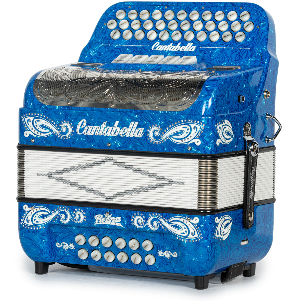 Cantabella Reina Accordion 5 Switch FBE Celluloid Blue Waves with Painted Fretboard and White Bellows Hermes Music