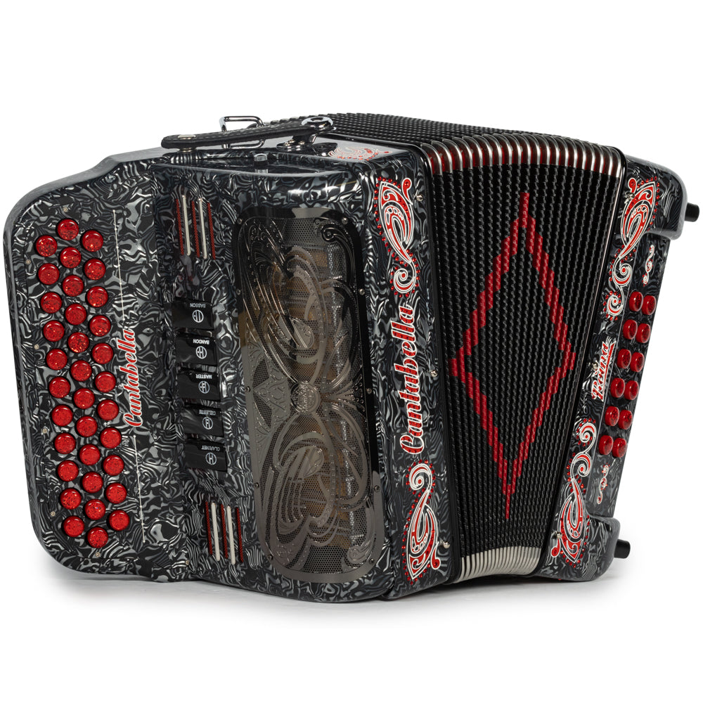 Cantabella Reina Accordion 5 Switch EAD Celluloid Grey Waves with Red and Painted Fretboard Hermes Music