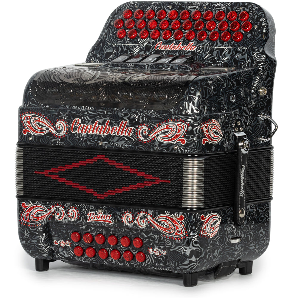 Cantabella Reina Accordion 5 Switch EAD Celluloid Grey Waves with Red and Painted Fretboard Hermes Music