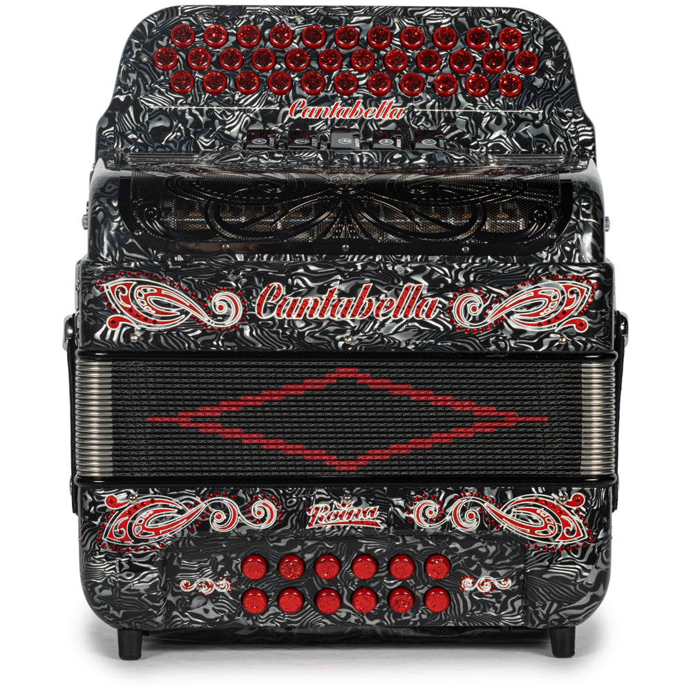 Cantabella Reina Accordion 5 Switch EAD Celluloid Grey Waves with Red and Painted Fretboard Hermes Music