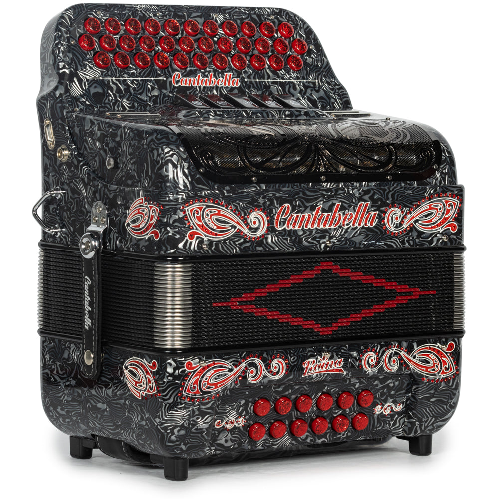 Cantabella Reina Accordion 5 Switch EAD Celluloid Grey Waves with Red and Painted Fretboard Hermes Music
