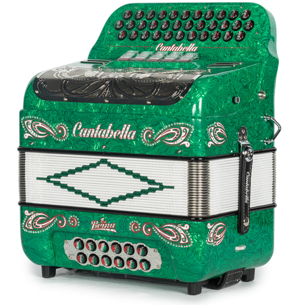 Cantabella Reina Accordion 5 Switch FBE Celluloid Green Waves with Painted Fretboard