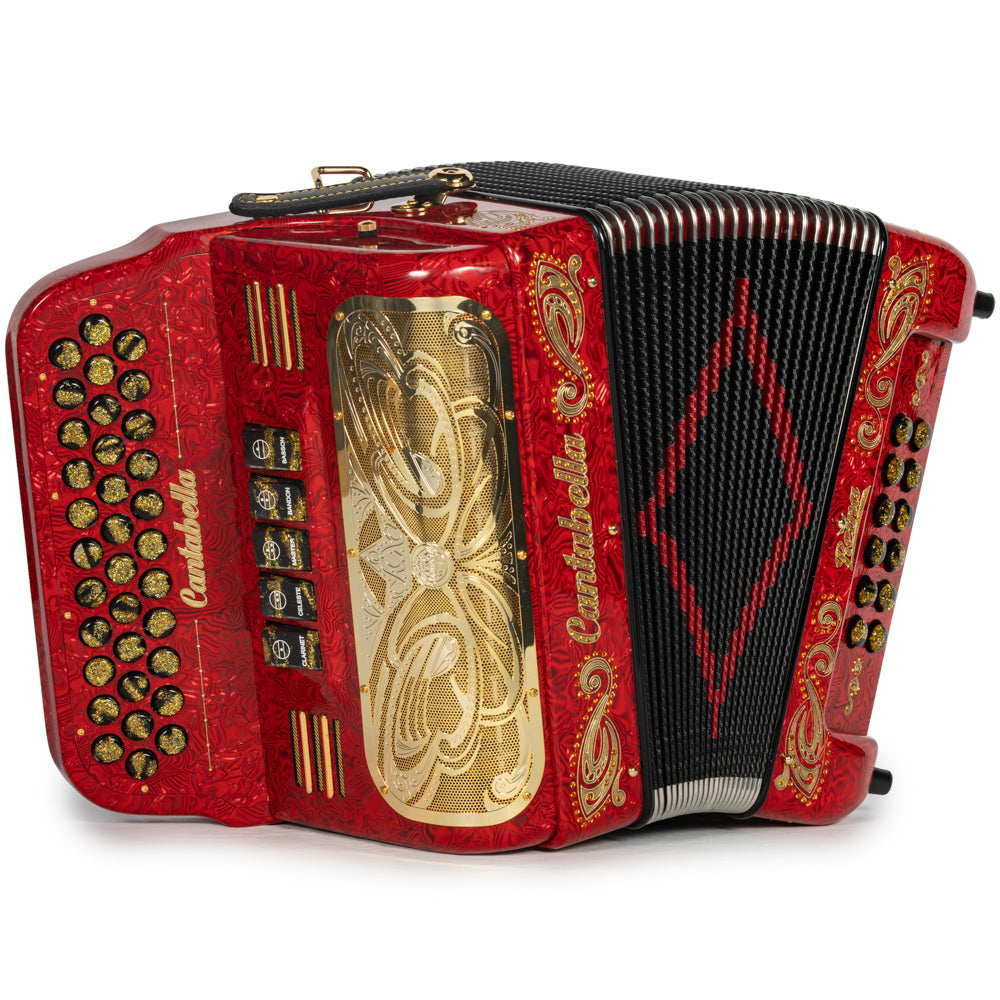 Cantabella Reina Accordion 5 Switch EAD Special Celluloid Red Wave and Gold with Painted Fretboard Hermes Music