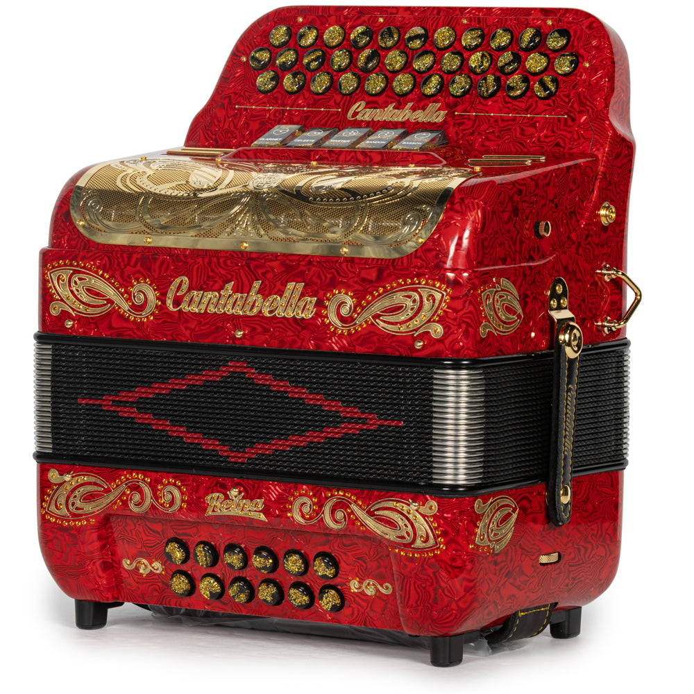 Cantabella Reina Accordion 5 Switch EAD Special Celluloid Red Wave and Gold with Painted Fretboard Hermes Music