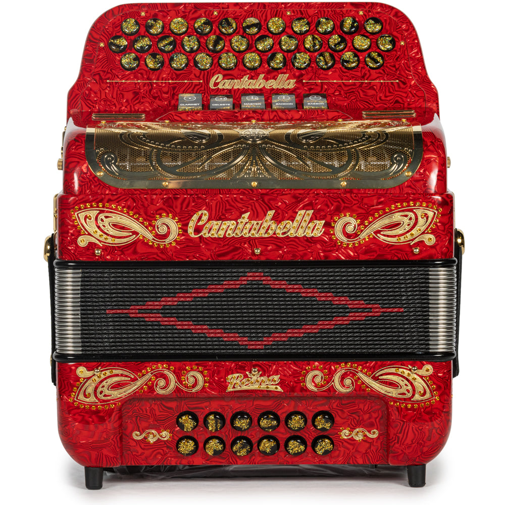Cantabella Reina Accordion 5 Switch EAD Special Celluloid Red Wave and Gold with Painted Fretboard Hermes Music