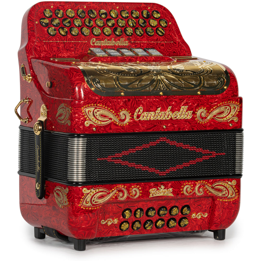 Cantabella Reina Accordion 5 Switch EAD Special Celluloid Red Wave and Gold with Painted Fretboard Hermes Music
