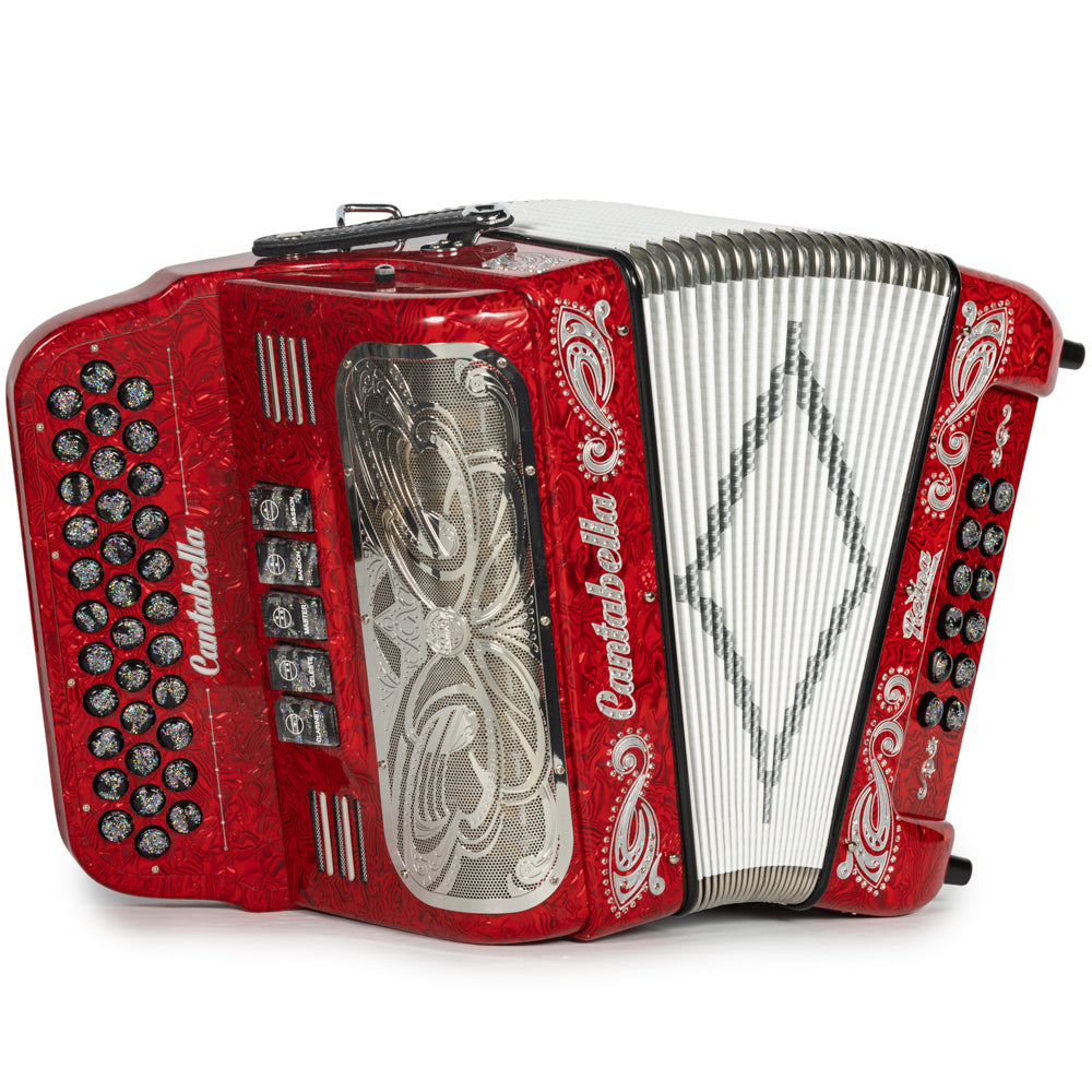 Cantabella Reina Accordion 5 Switch EAD Special Celluloid Red Wave with Silver and Painted Fretboard Hermes Music