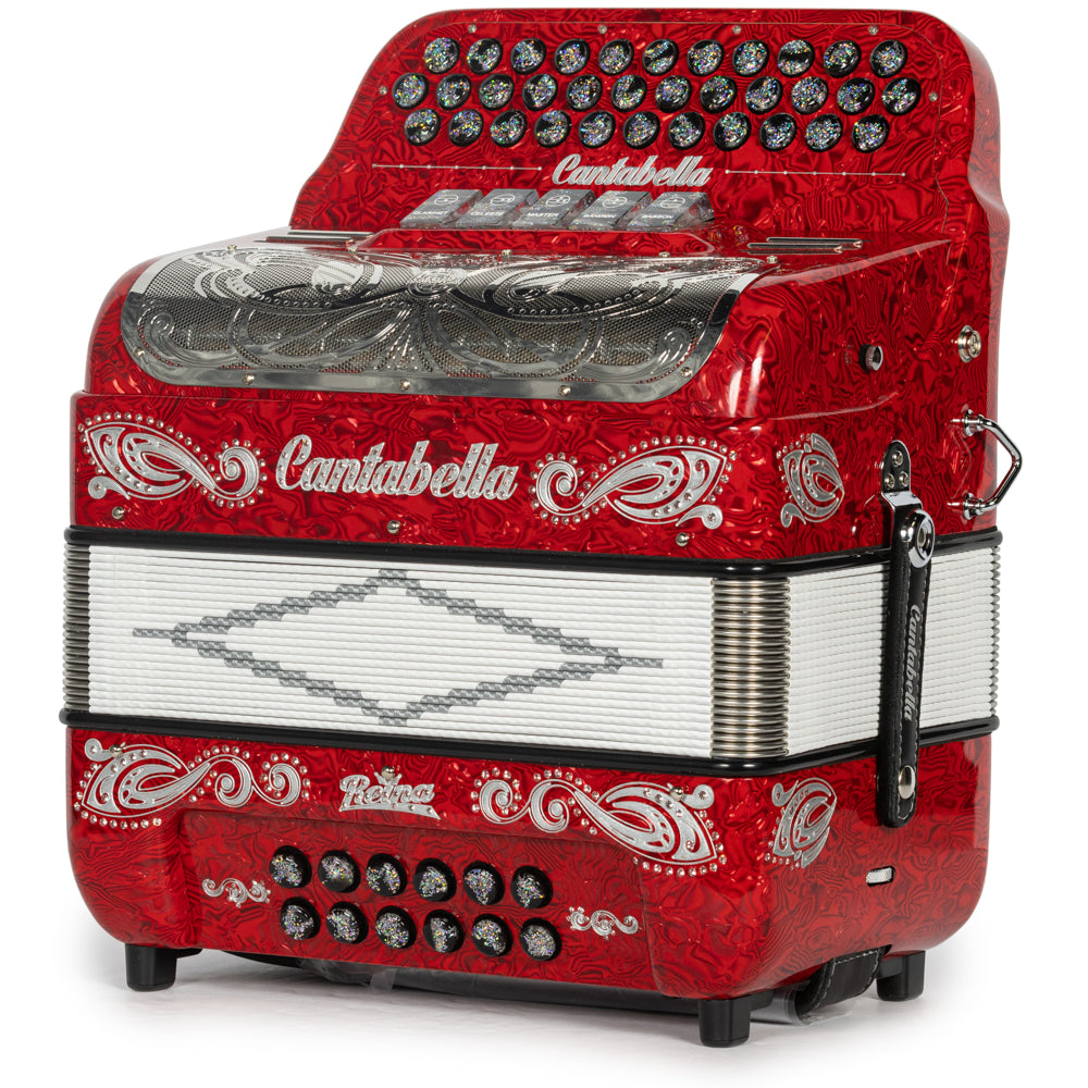Cantabella Reina Accordion 5 Switch EAD Special Celluloid Red Wave with Silver and Painted Fretboard Hermes Music