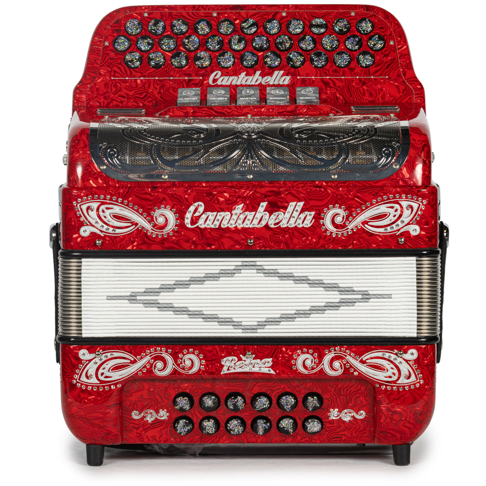 Cantabella Reina Accordion 5 Switch EAD Special Celluloid Red Wave with Silver and Painted Fretboard Hermes Music