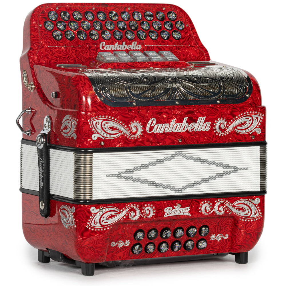 Cantabella Reina Accordion 5 Switch EAD Special Celluloid Red Wave with Silver and Painted Fretboard Hermes Music