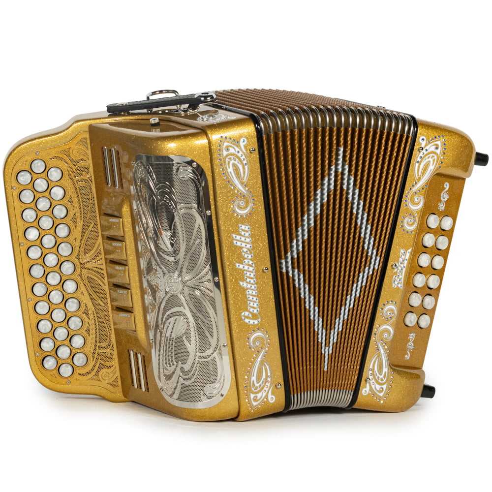 Cantabella Reina Accordion Ultra Compact 5 Switch FBE Gold Glitter with White and Painted Fretboard Hermes Music