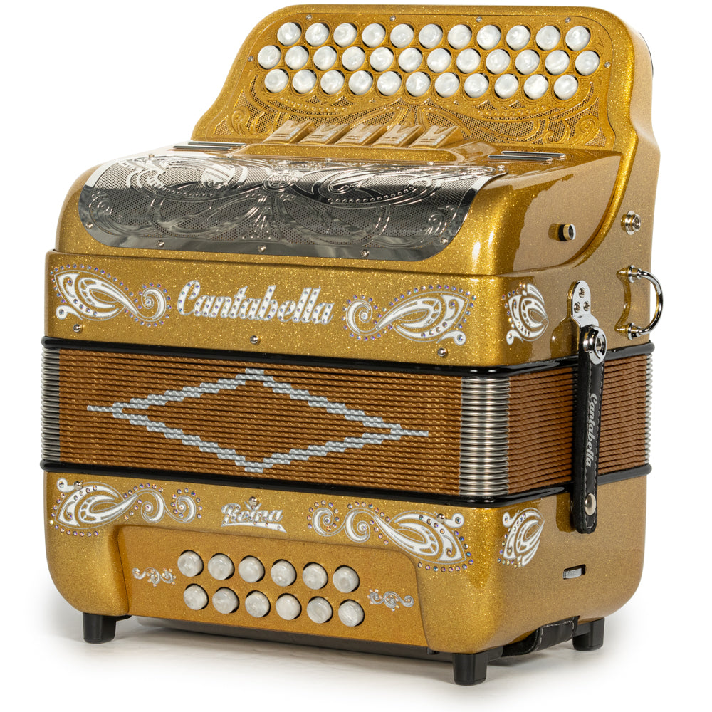 Cantabella Reina Accordion Ultra Compact 5 Switch FBE Gold Glitter with White and Painted Fretboard Hermes Music