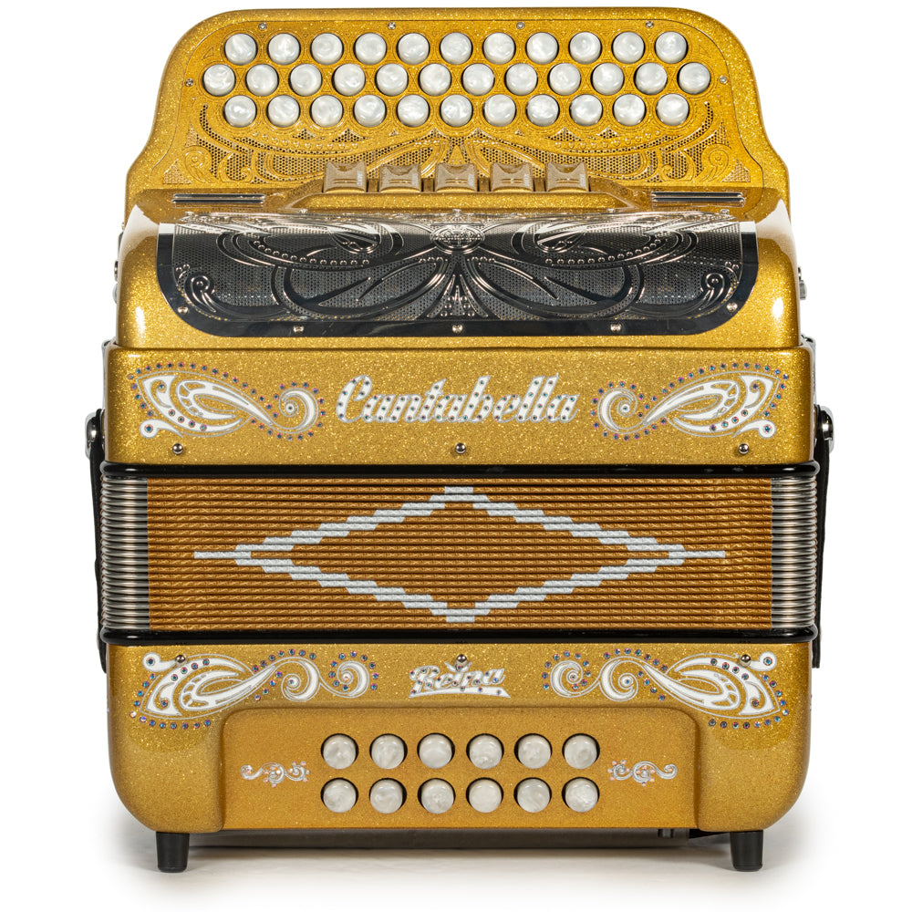 Cantabella Reina Accordion Ultra Compact 5 Switch FBE Gold Glitter with White and Painted Fretboard Hermes Music