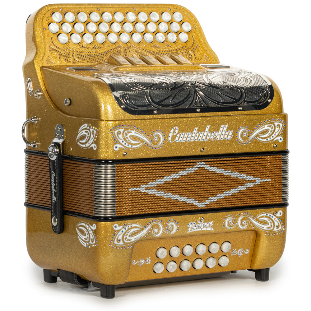 Cantabella Reina Accordion Ultra Compact 5 Switch FBE Gold Glitter with White and Painted Fretboard Hermes Music