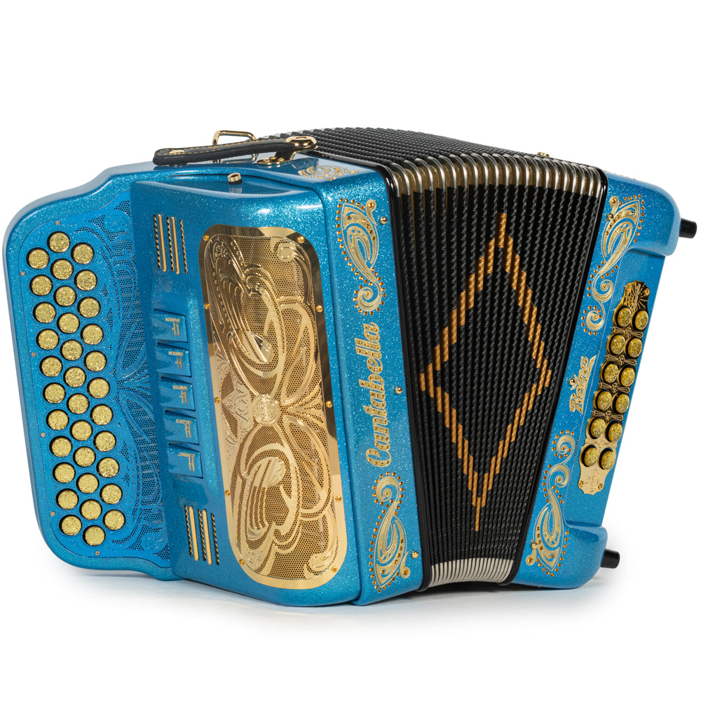 Cantabella Reina Accordion 5 Switch EAD Light Blue Glitter with Gold and Painted Fretboard Hermes Music