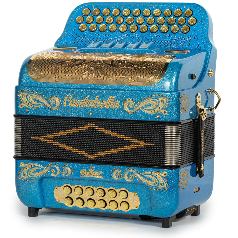 Cantabella Reina Accordion 5 Switch EAD Light Blue Glitter with Gold and Painted Fretboard Hermes Music