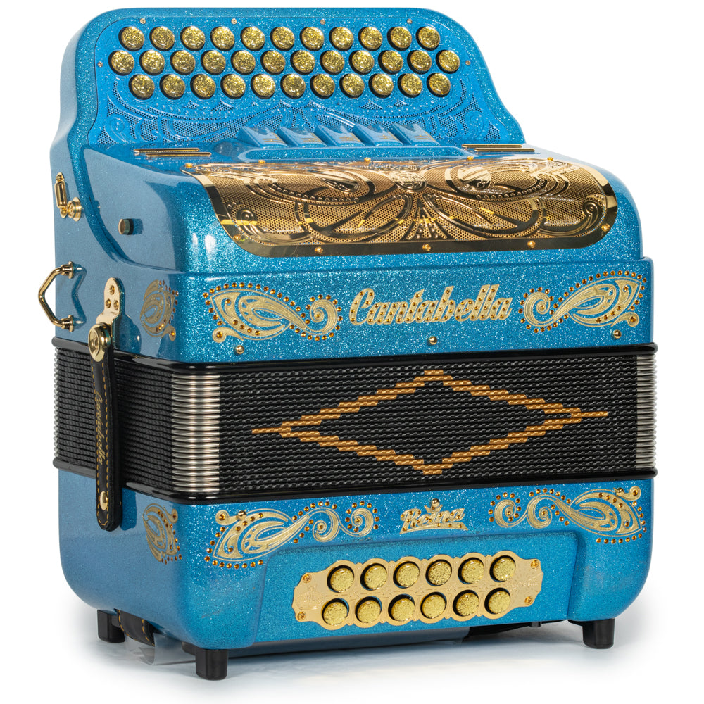 Cantabella Reina Accordion 5 Switch EAD Light Blue Glitter with Gold and Painted Fretboard Hermes Music