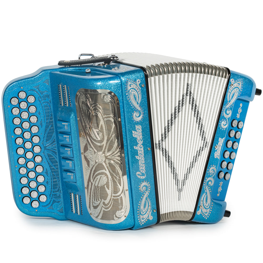 Cantabella Reina Accordion 5 Switch FBE Light Blue Glitter with Silver and Painted Fretboard Hermes Music