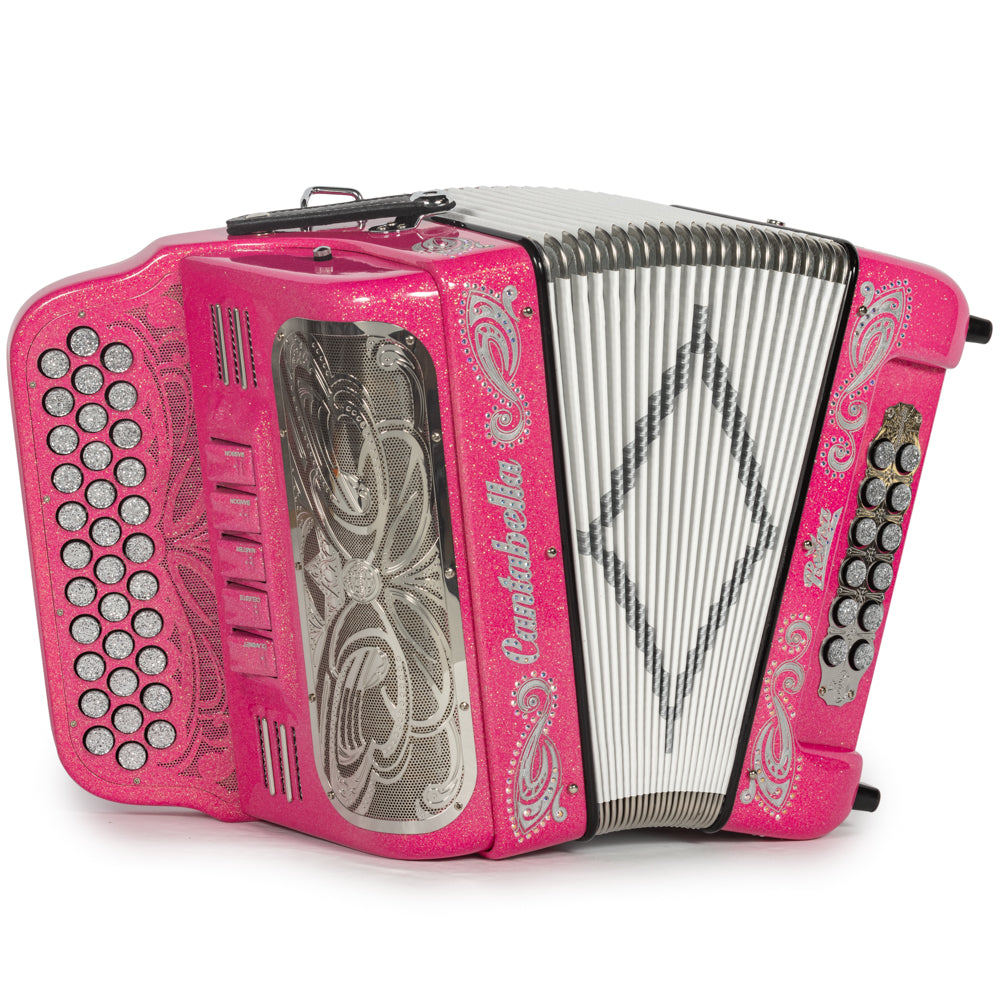 Cantabella Reina Accordion 5 Switch FBE Pink Glitter with Silver and Painted Fretboard Hermes Music