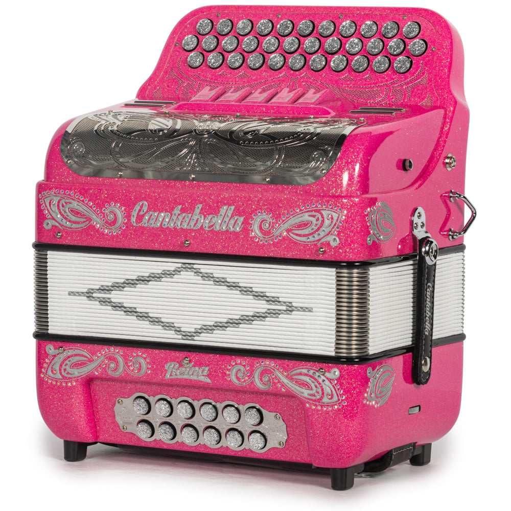 Cantabella Reina Accordion 5 Switch FBE Pink Glitter with Silver and Painted Fretboard Hermes Music