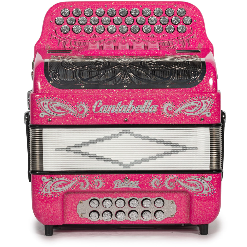 Cantabella Reina Accordion 5 Switch FBE Pink Glitter with Silver and Painted Fretboard Hermes Music