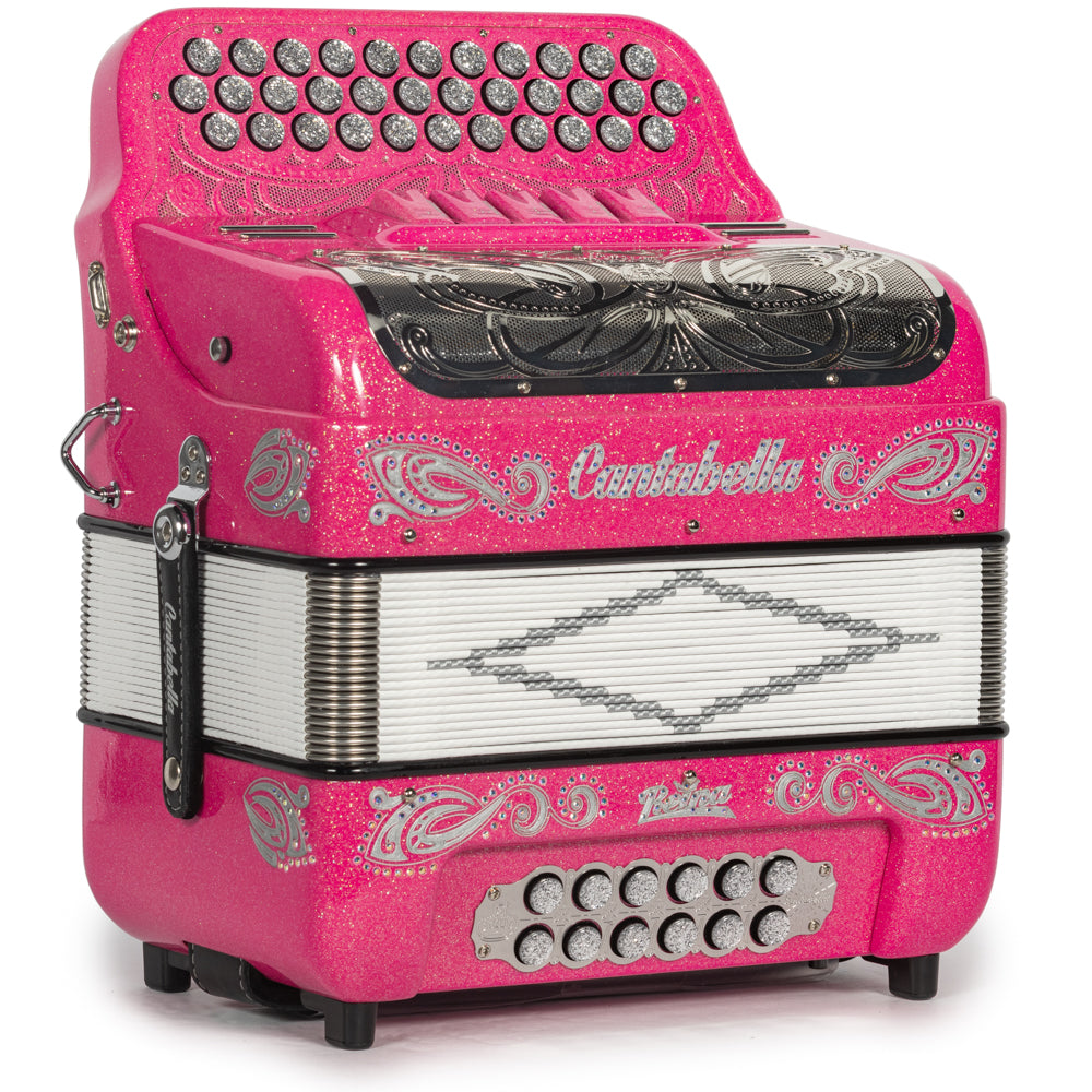 Cantabella Reina Accordion 5 Switch FBE Pink Glitter with Silver and Painted Fretboard Hermes Music