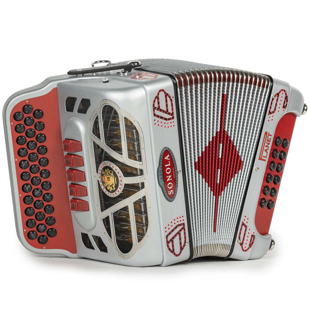 Sonola Retro 5 Switch Accordion FBE with Planet Reeds in Matte Silver with Red-accordion-Sonola-Hermes Music-Accordion Pro Shop
