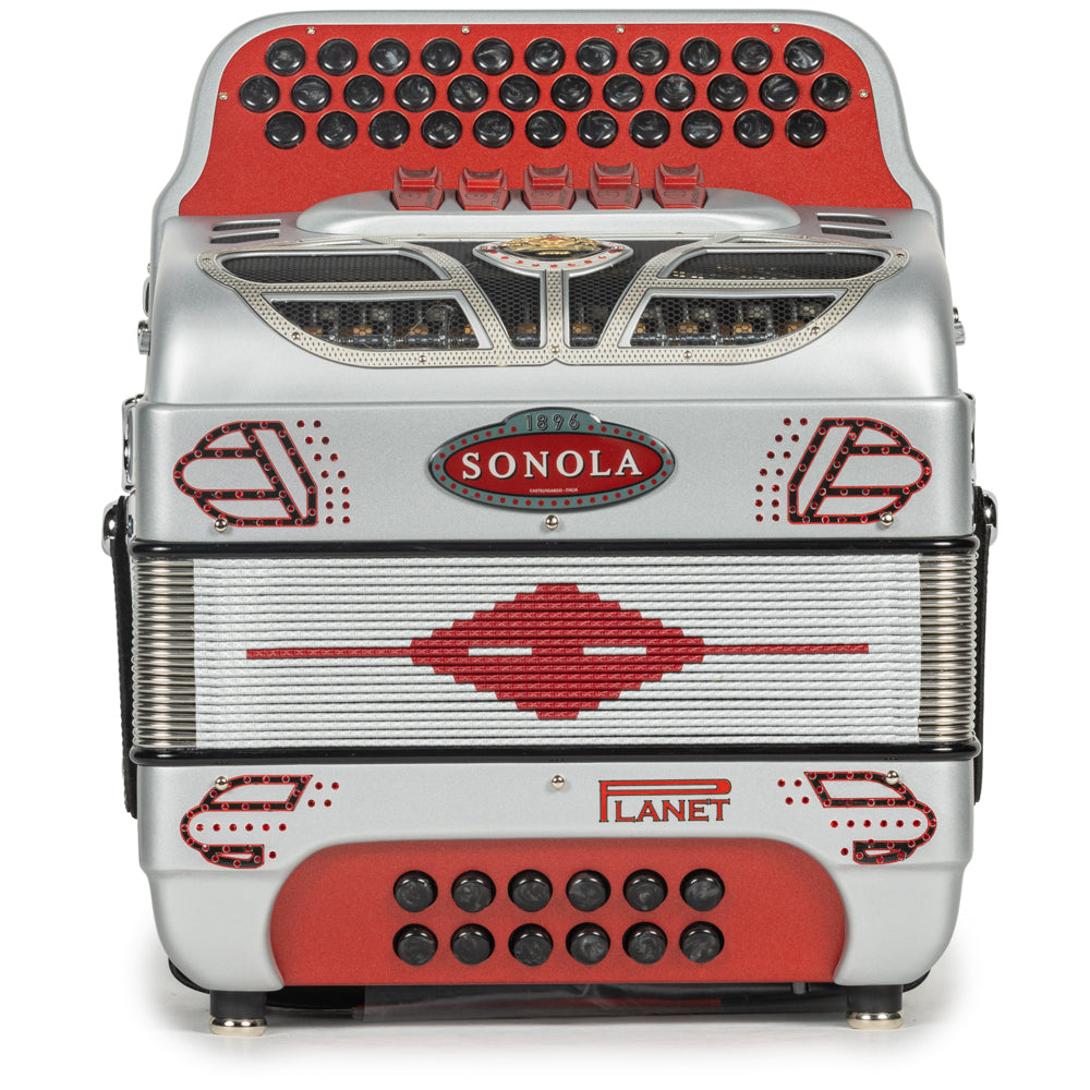 Sonola Retro 5 Switch Accordion FBE with Planet Reeds in Matte Silver with Red-accordion-Sonola-Hermes Music-Accordion Pro Shop