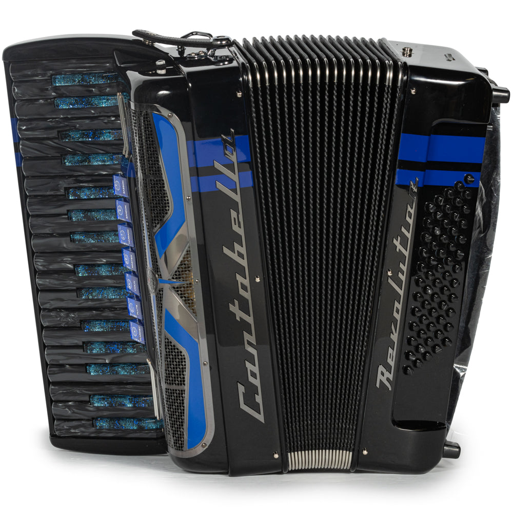 Cantabella Revolution Piano Accordion 7 Switch Glossy Black with Blue Hermes Music Accordion Pro Shop