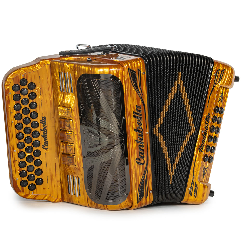 Cantabella Roadmaster Accordion Ultra Compact 5 Switch FBE Celluloid Gold Wood with Black and Painted Fretboard Hermes Music 