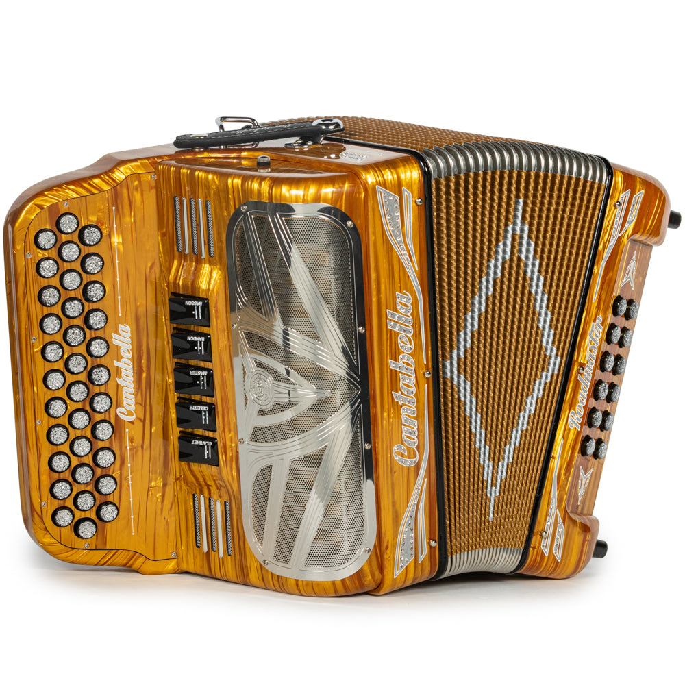 Cantabella Roadmaster Accordion Ultra Compact 5 Switch FBE Celluloid Gold Wood with Silver and Painted Fretboard Hermes Music