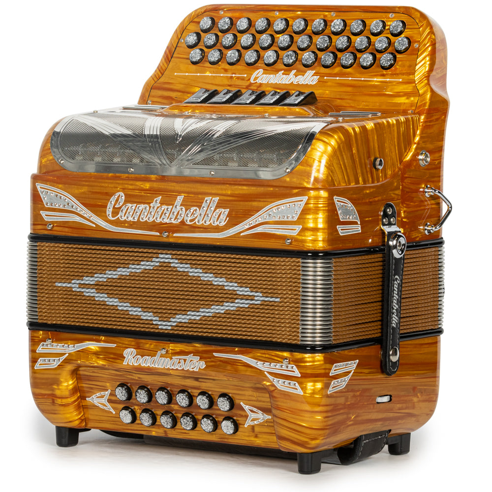 Cantabella Roadmaster Accordion Ultra Compact 5 Switch FBE Celluloid Gold Wood with Silver and Painted Fretboard Hermes Music
