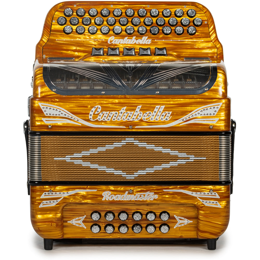 Cantabella Roadmaster Accordion Ultra Compact 5 Switch FBE Celluloid Gold Wood with Silver and Painted Fretboard Hermes Music
