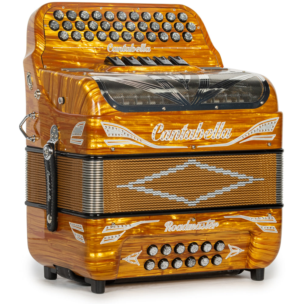 Cantabella Roadmaster Accordion Ultra Compact 5 Switch FBE Celluloid Gold Wood with Silver and Painted Fretboard Hermes Music