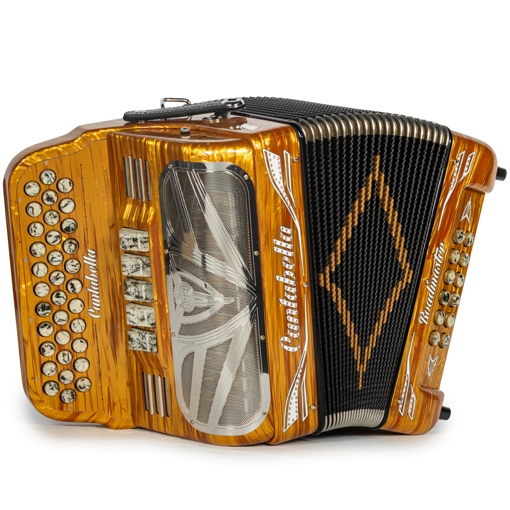 Cantabella Roadmaster Accordion Ultra Compact 5 Switch GCF Celluloid Gold Wood with Marble and Painted Fretboard Hermes Music