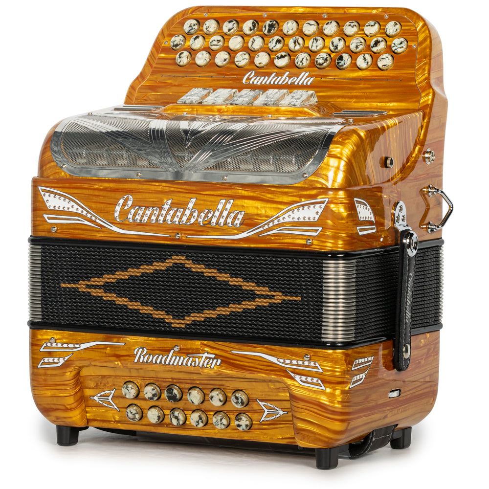 Cantabella Roadmaster Accordion Ultra Compact 5 Switch GCF Celluloid Gold Wood with Marble and Painted Fretboard Hermes Music