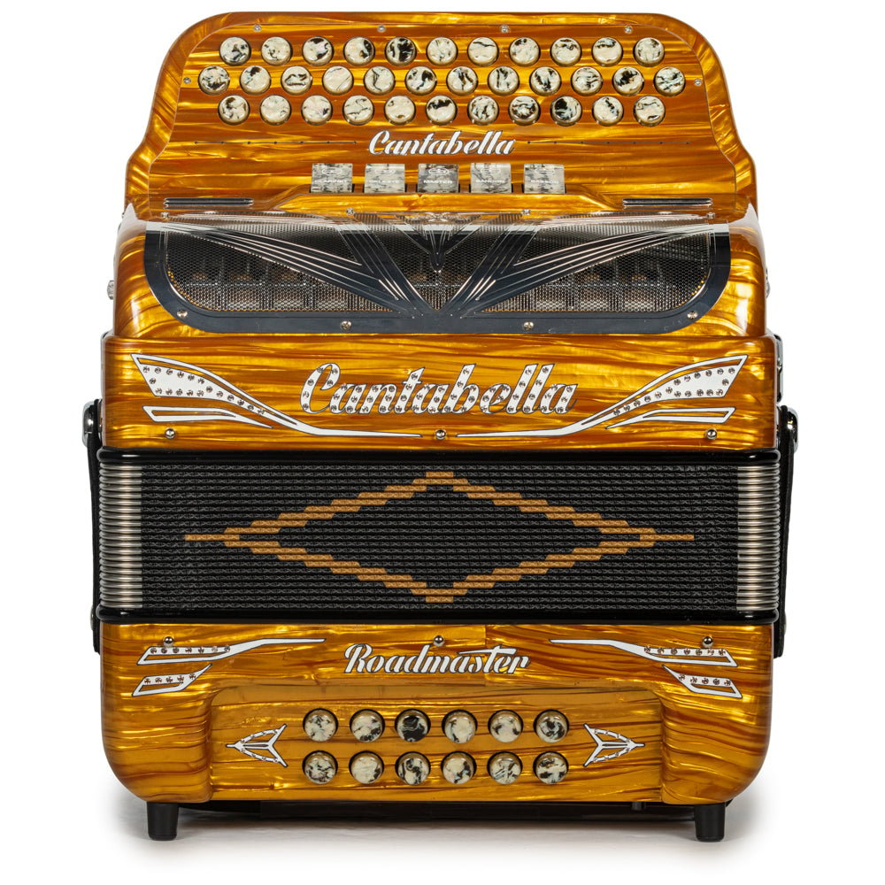 Cantabella Roadmaster Accordion Ultra Compact 5 Switch GCF Celluloid Gold Wood with Marble and Painted Fretboard Hermes Music