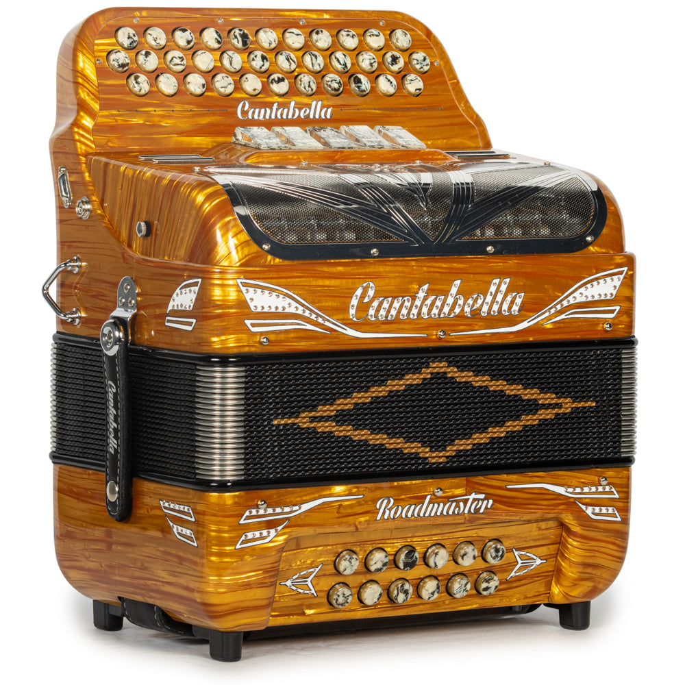 Cantabella Roadmaster Accordion Ultra Compact 5 Switch GCF Celluloid Gold Wood with Marble and Painted Fretboard Hermes Music
