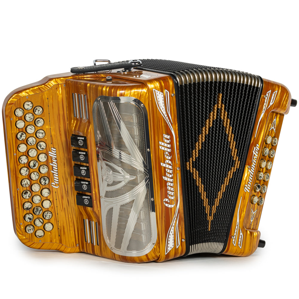 Cantabella Roadmaster Accordion Ultra Compact 5 Switch FBE Celluloid Gold Wood with Gold Marble and Painted Fretboard Hermes Music
