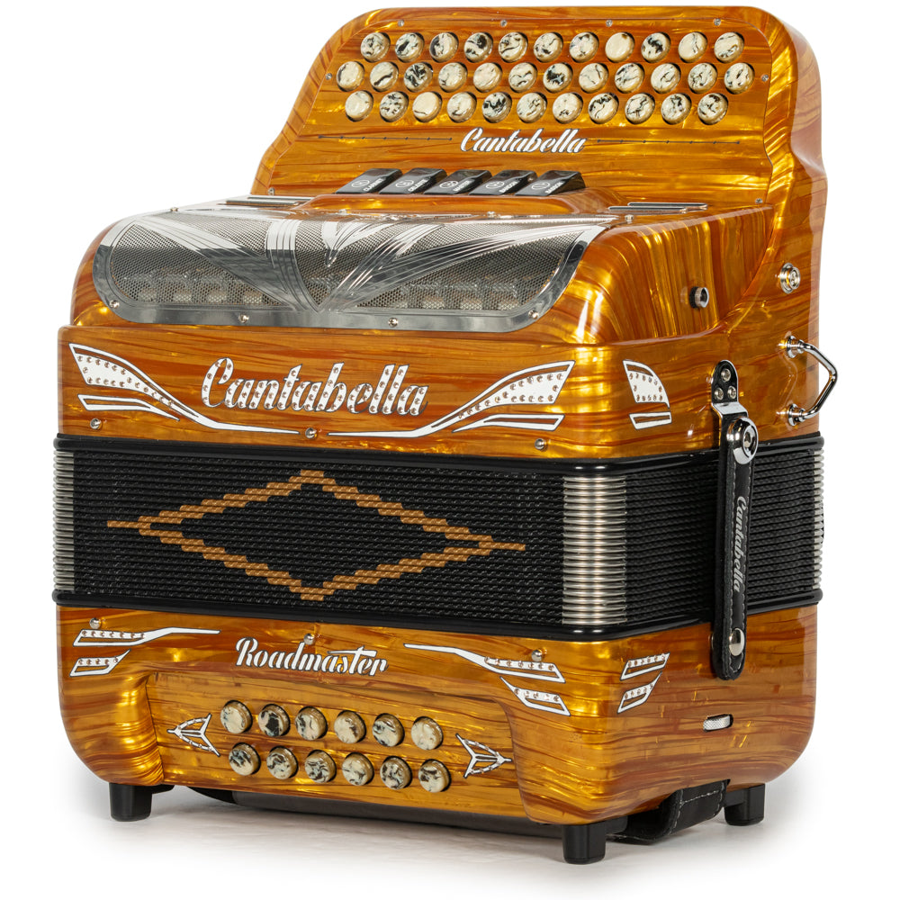 Cantabella Roadmaster Accordion Ultra Compact 5 Switch FBE Celluloid Gold Wood with Gold Marble and Painted Fretboard Hermes Music