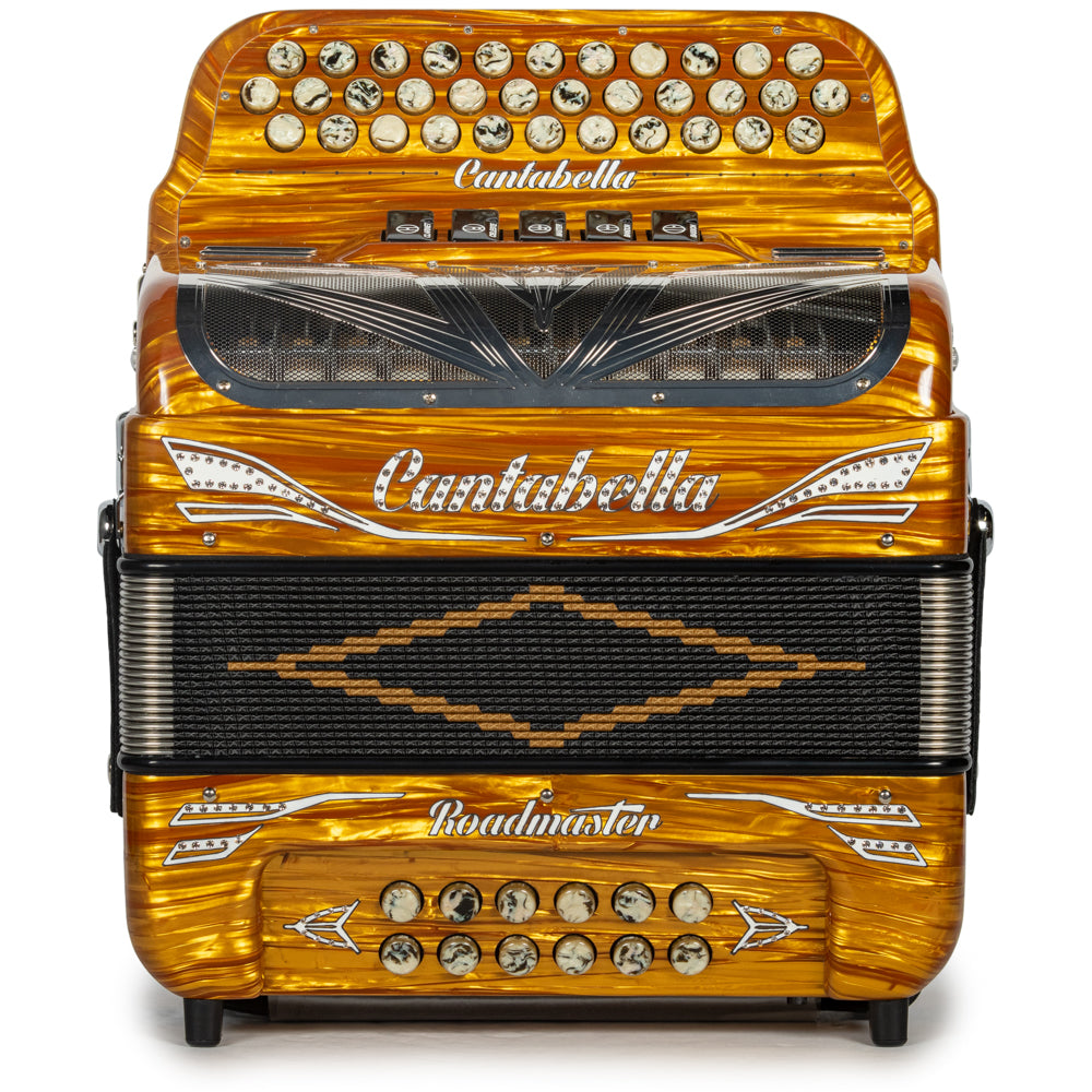 Cantabella Roadmaster Accordion Ultra Compact 5 Switch FBE Celluloid Gold Wood with Gold Marble and Painted Fretboard Hermes Music