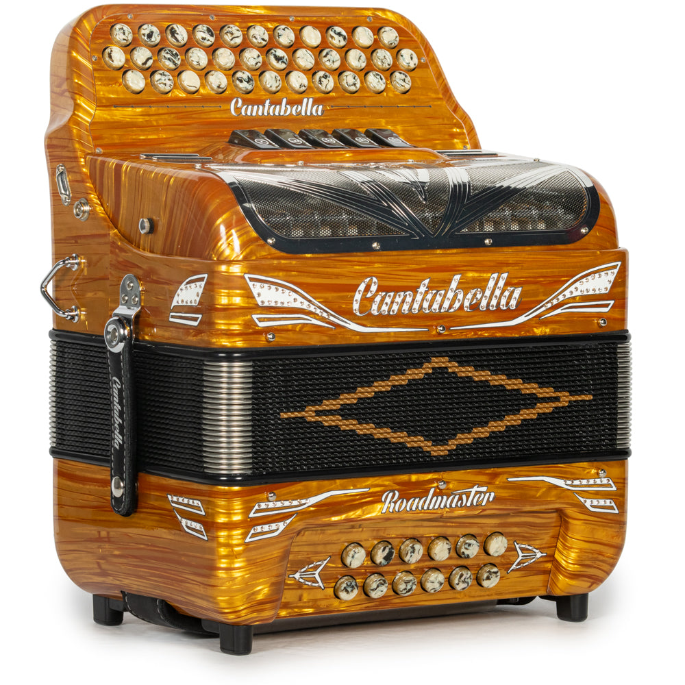 Cantabella Roadmaster Accordion Ultra Compact 5 Switch FBE Celluloid Gold Wood with Gold Marble and Painted Fretboard Hermes Music