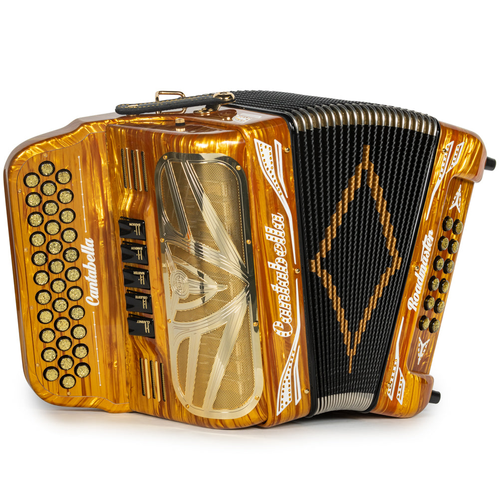 Cantabella Roadmaster Accordion Ultra Compact 5 Switch EAD Celluloid Gold Wood with Gold Details and Painted Fretboard Hermes Music