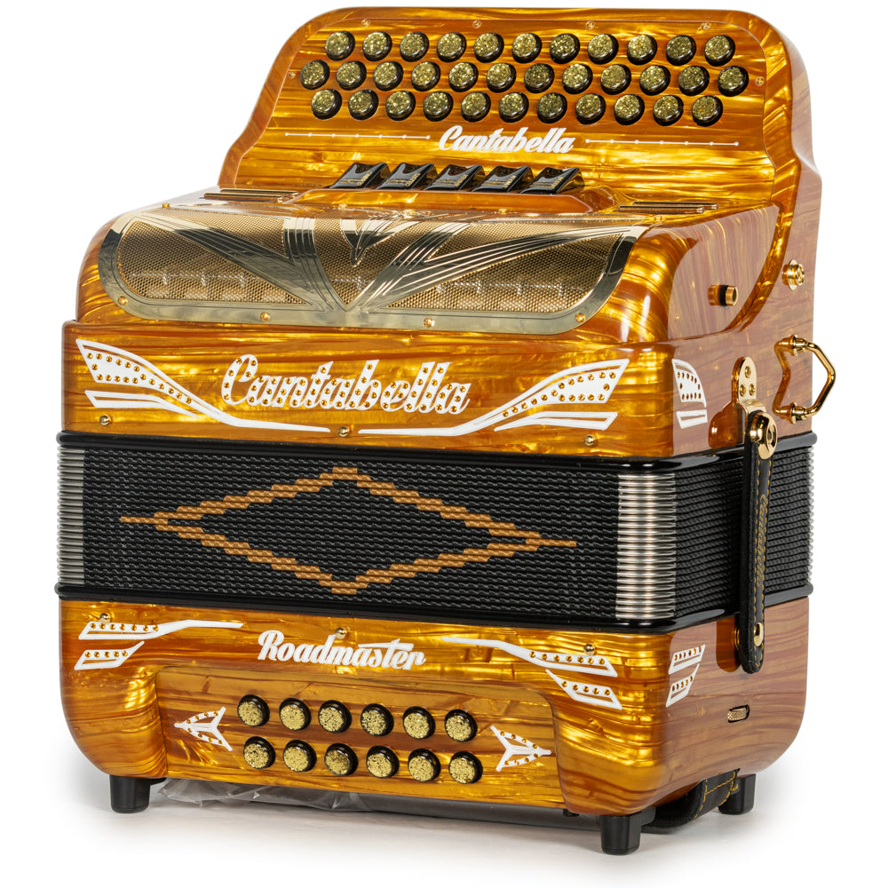 Cantabella Roadmaster Accordion Ultra Compact 5 Switch EAD Celluloid Gold Wood with Gold Details and Painted Fretboard Hermes Music