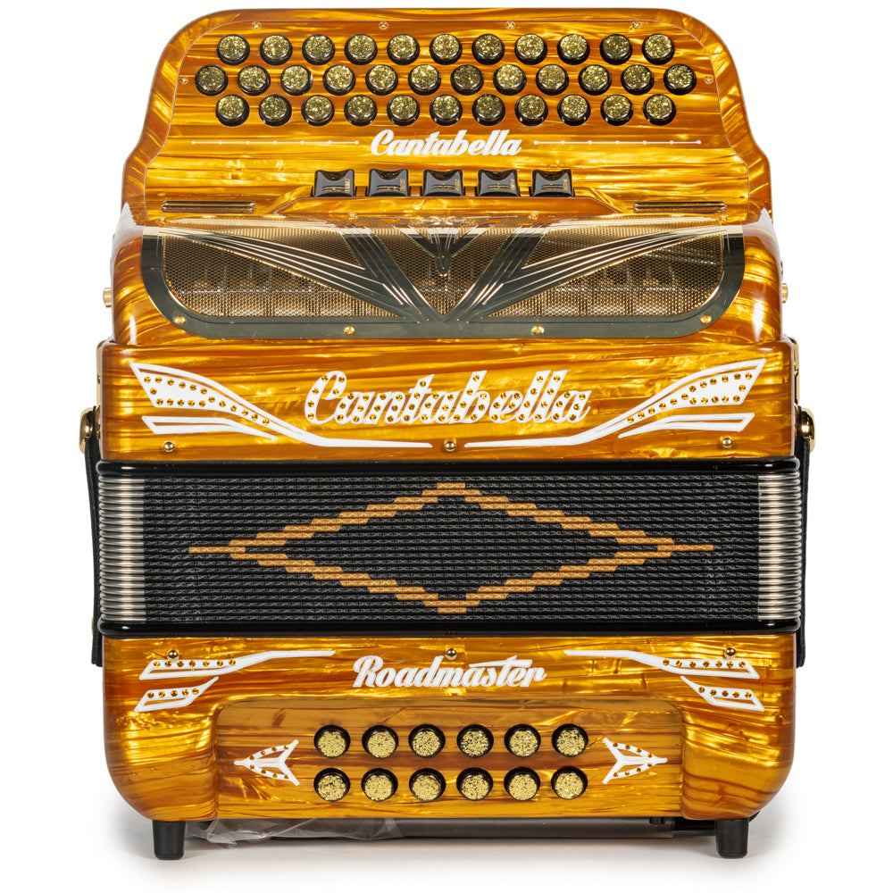 Cantabella Roadmaster Accordion Ultra Compact 5 Switch EAD Celluloid Gold Wood with Gold Details and Painted Fretboard Hermes Music