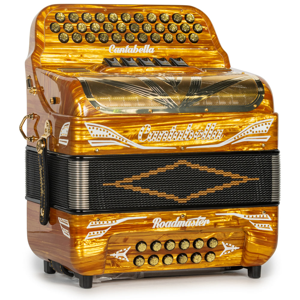 Cantabella Roadmaster Accordion Ultra Compact 5 Switch EAD Celluloid Gold Wood with Gold Details and Painted Fretboard Hermes Music